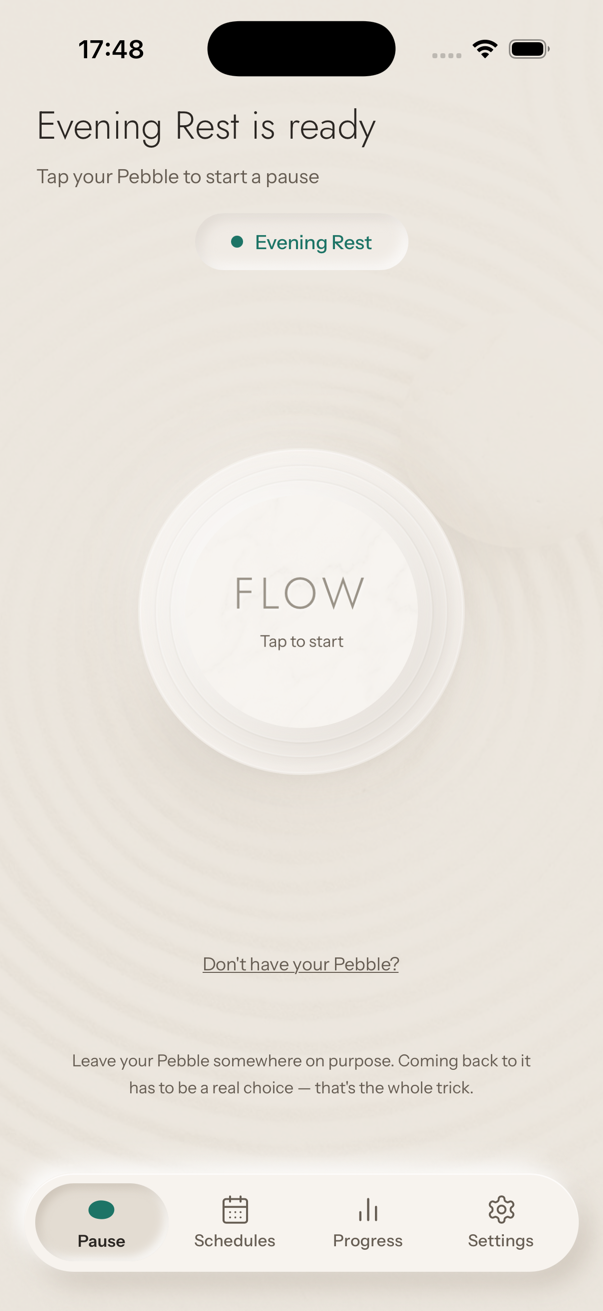 The Pebble app ready for a pause: Evening Rest is ready, tap your Pebble to start