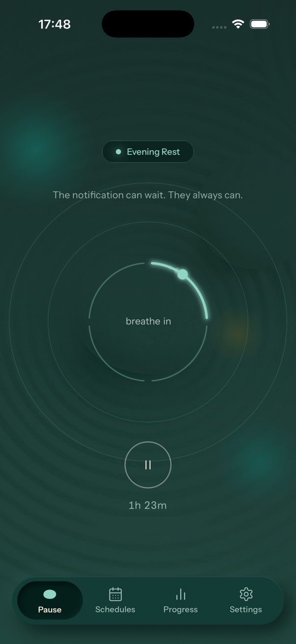 The Pebble app during a pause: Evening Rest, an hour and twenty-three minutes left, the ring breathing
