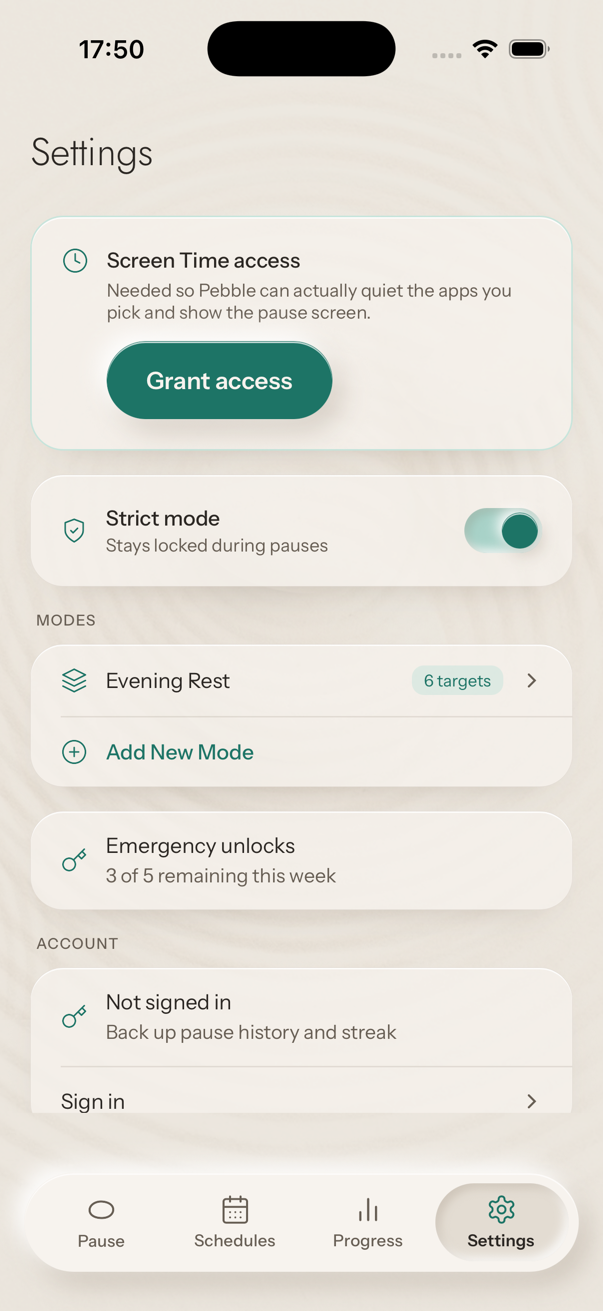 The Pebble app settings: Strict mode on, one mode called Evening Rest, three of five emergency unlocks left this week