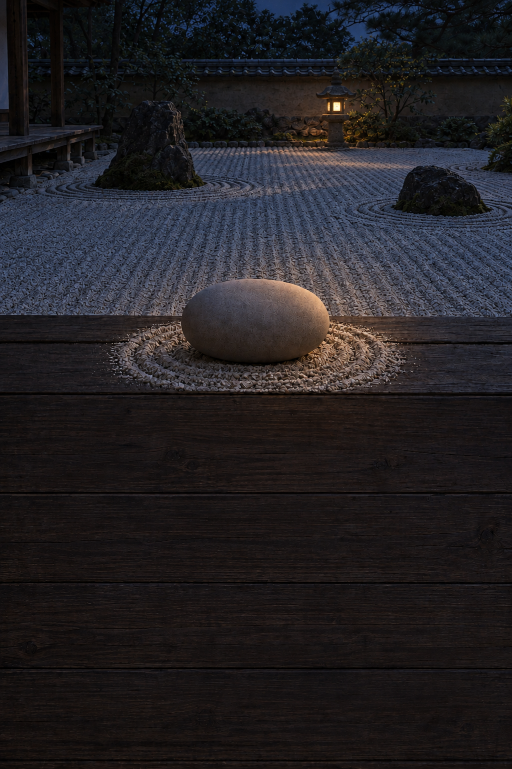 The same garden after dusk: a stone lantern lit by the wall, the Pebble on the deck edge in its rings