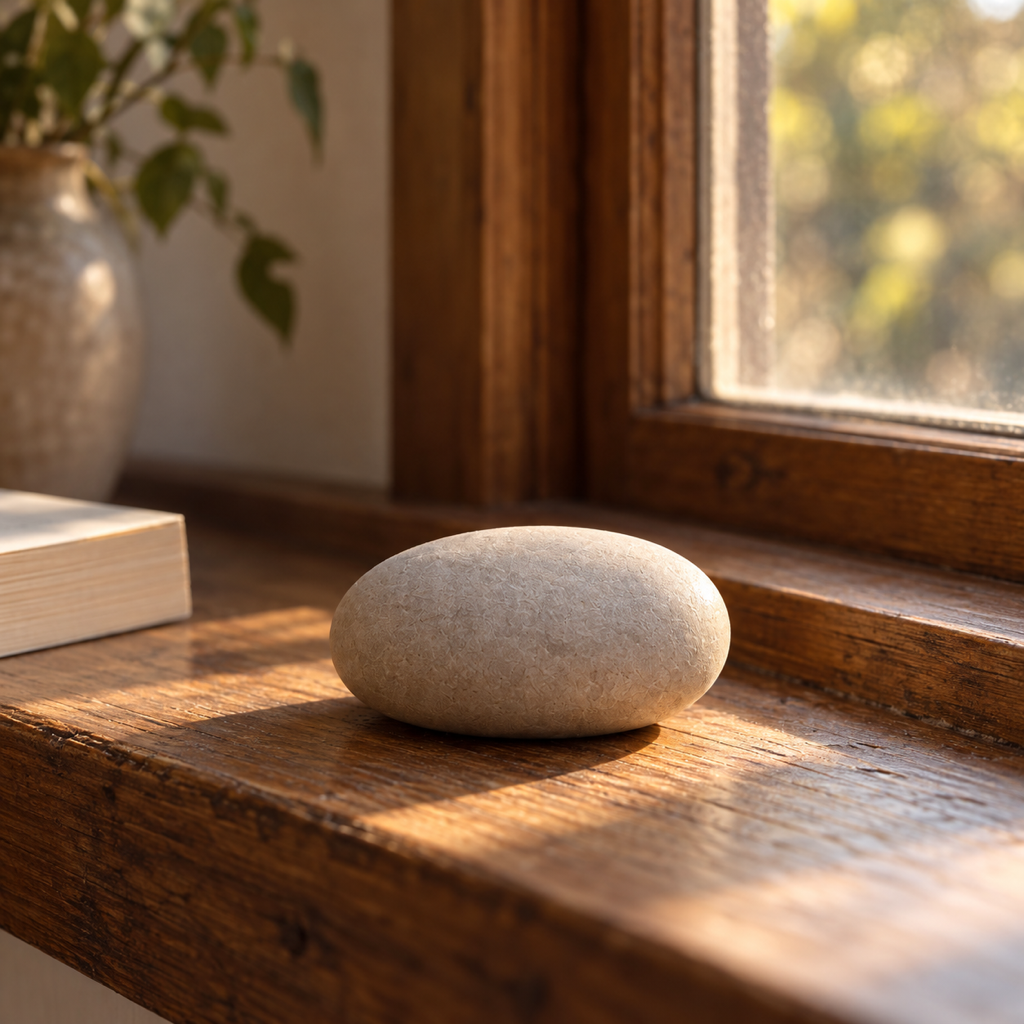 The Pebble alone on a windowsill in late sun