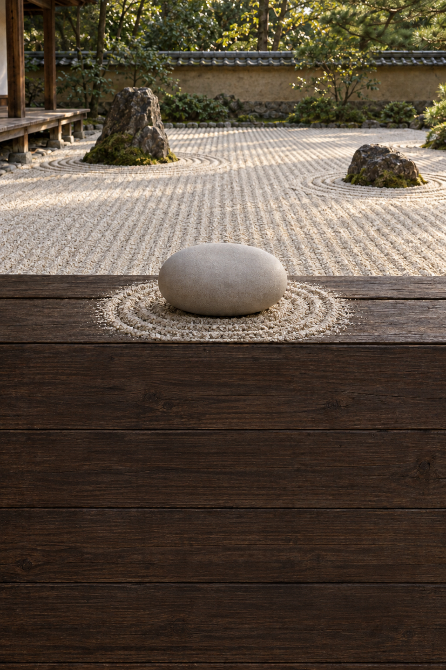 A Japanese dry garden seen from a cedar veranda. On the edge of the deck, a pale smooth stone the size of a palm sits in its own small raked rings.