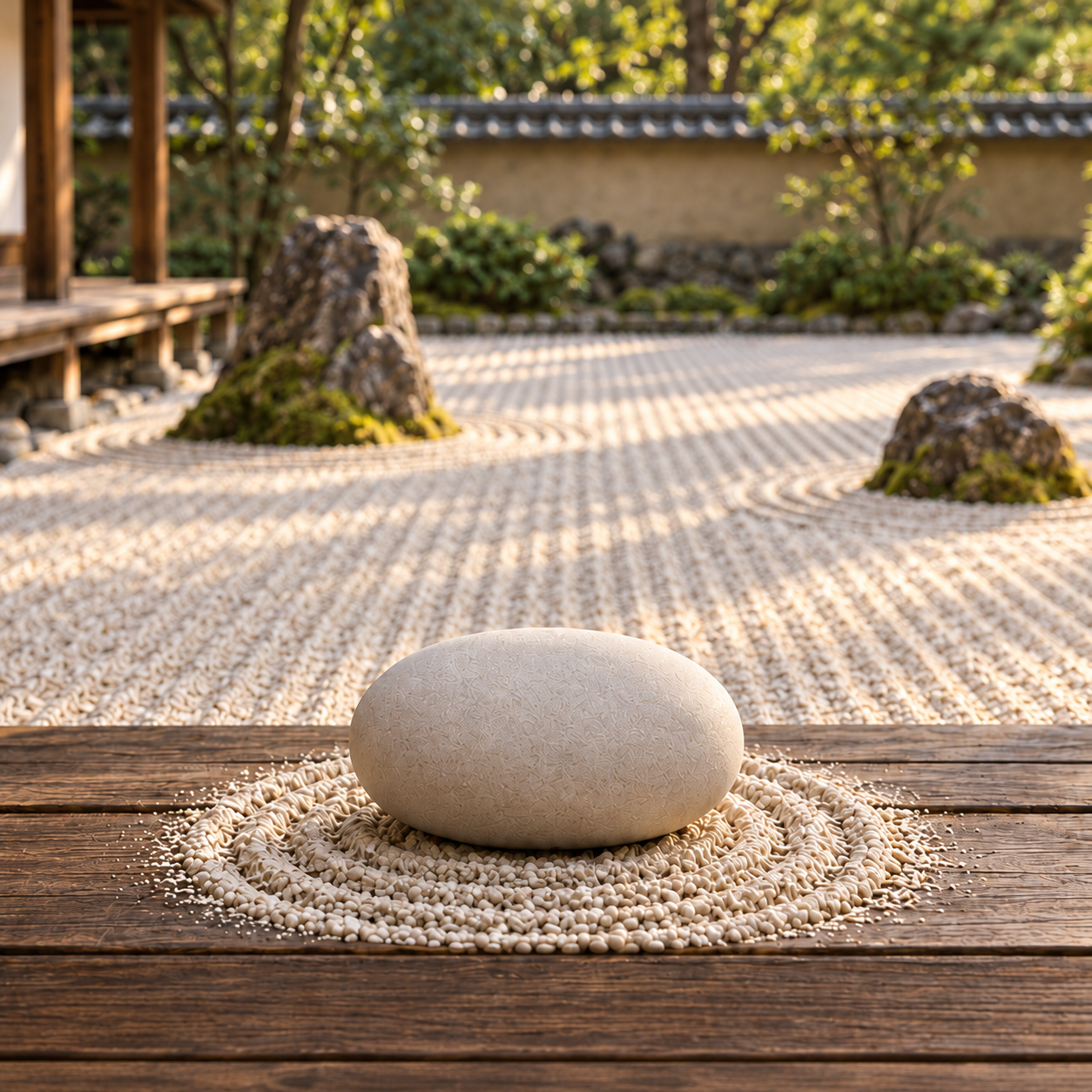 The Pebble on the edge of a cedar deck, in its own small raked rings