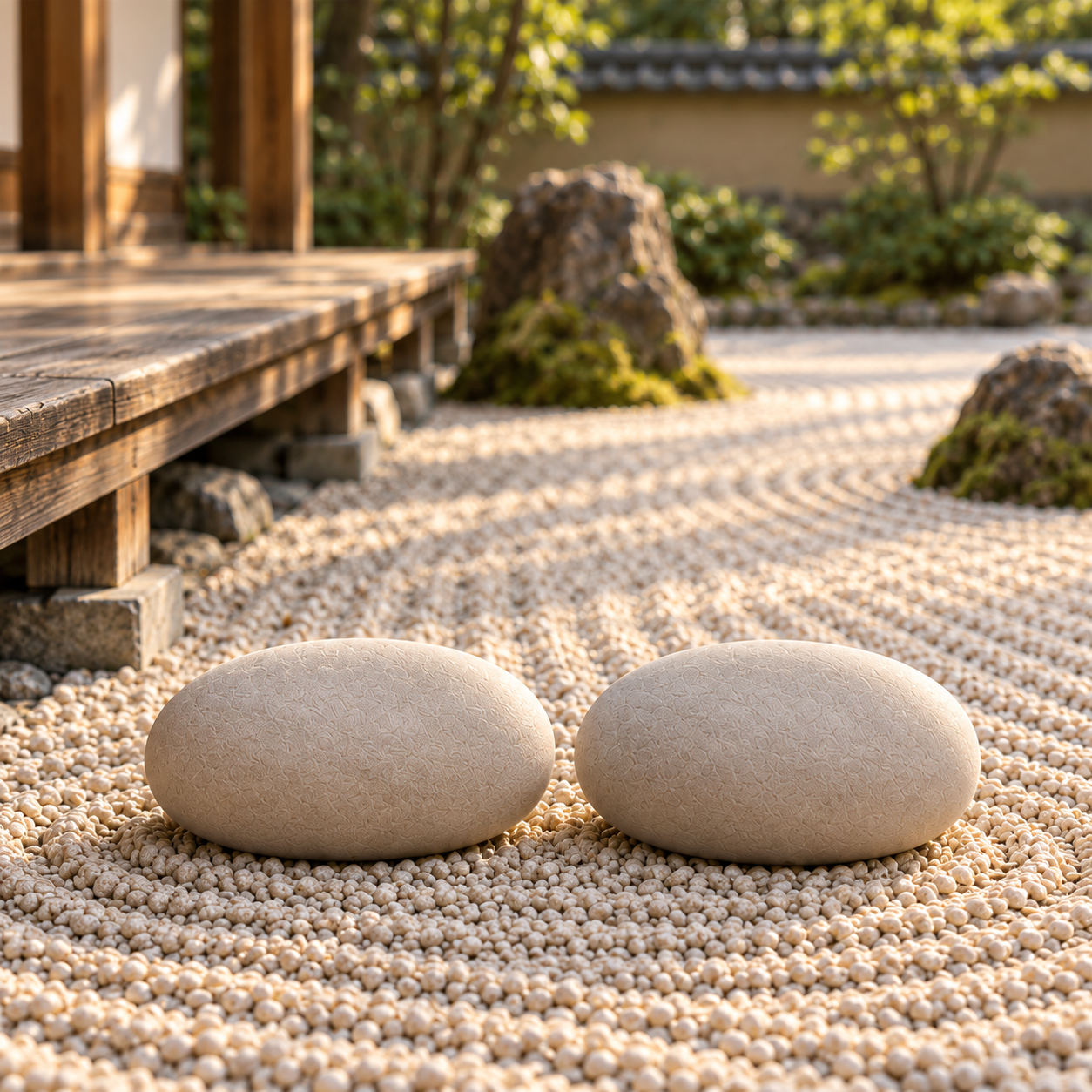 Two Pebbles side by side in raked gravel