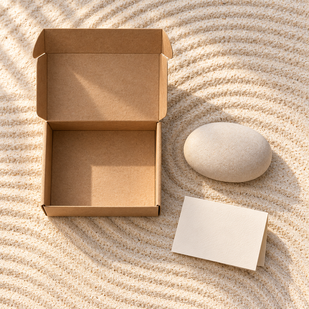 In the box: an open kraft box, the Pebble and a folded setup card on raked sand
