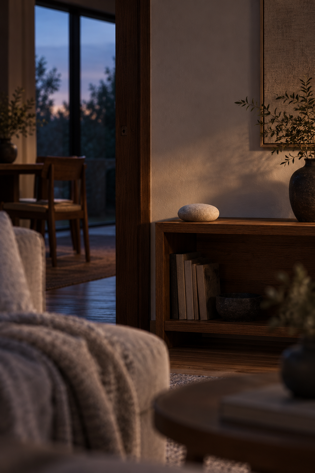 Seen from the sofa at dusk: the Pebble alone on a shelf across the room