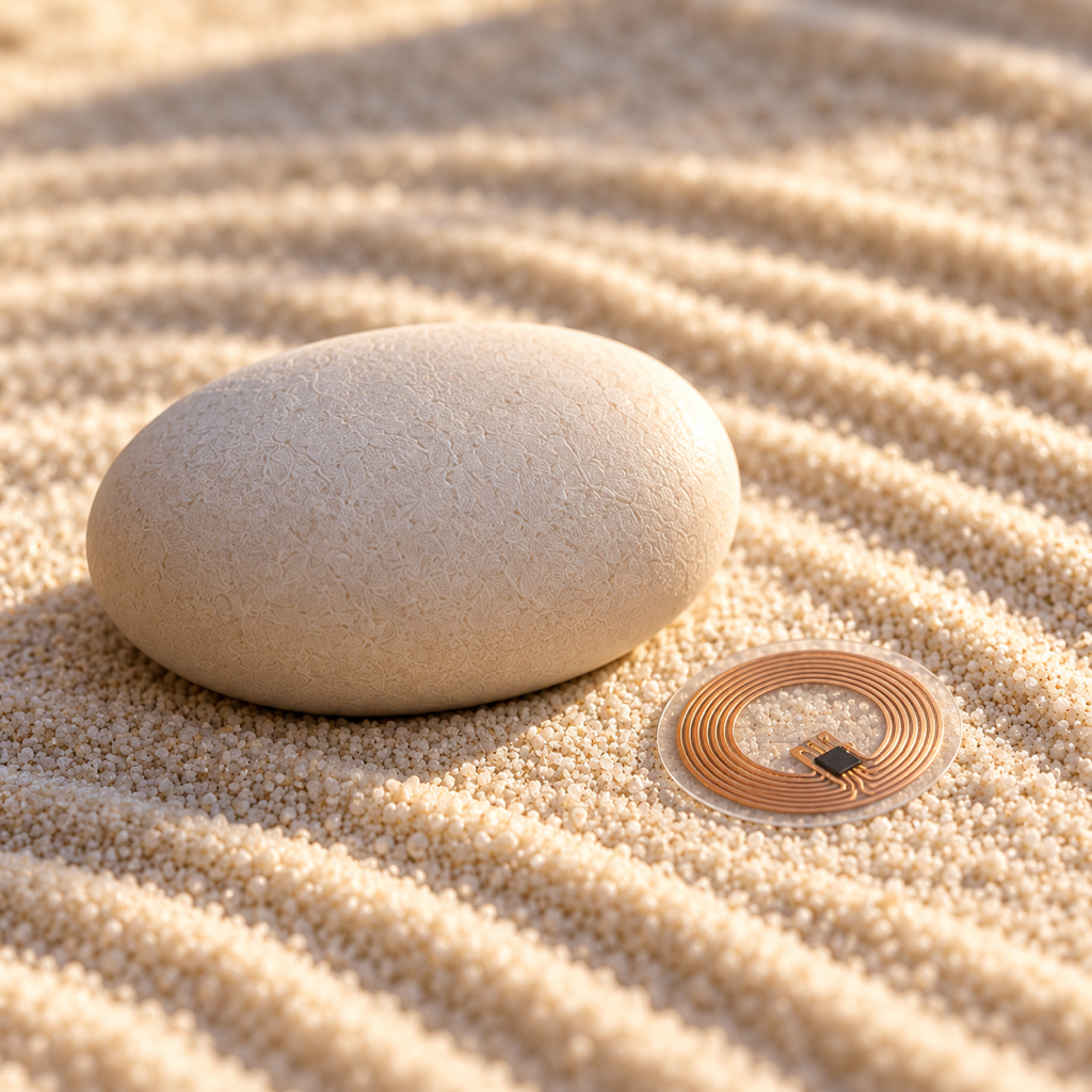 The Pebble on raked sand, with the coin-sized NFC coil that sits inside it laid beside