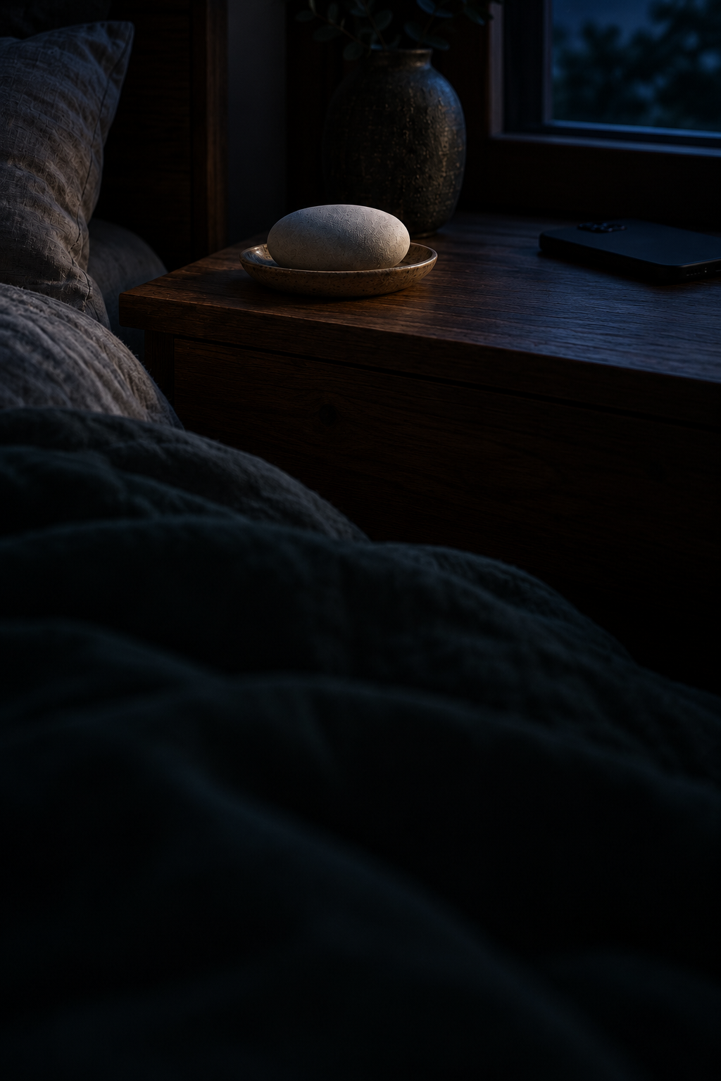A bedroom at night: the Pebble in its dish on the nightstand, the one lit thing, the phone face down in shadow