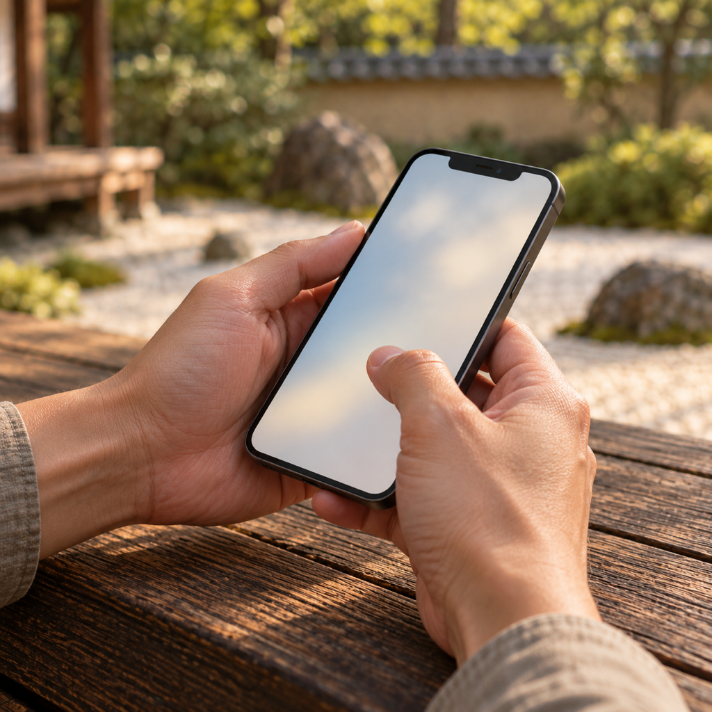 Two hands holding a phone on the veranda, a thumb choosing from the screen
