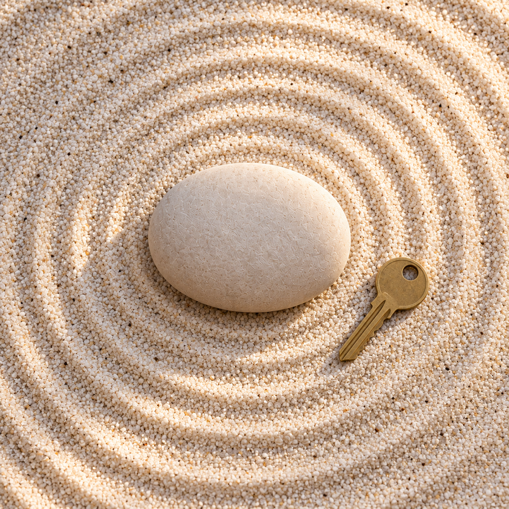 The Pebble at the centre of raked rings, a brass house key beside it for scale