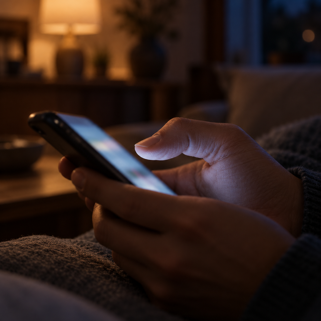A thumb hovering over a glowing phone screen on a sofa in the evening